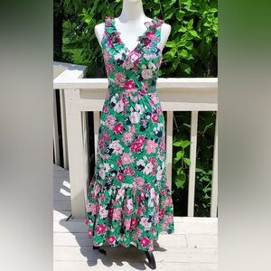 J. Crew Ruffle V-Neck Midi Dress Green Pink Size 2 Floral 🌺